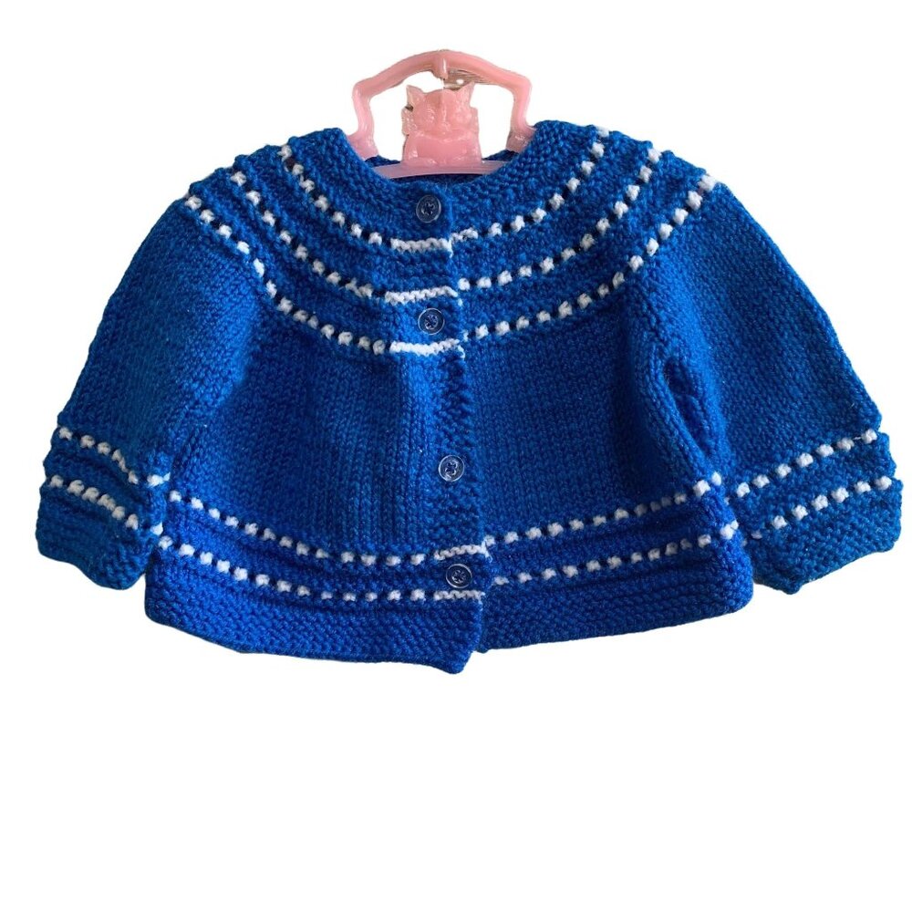 Vintage Handknit Cozy Chunky Knit Retro Blue Cardigan 0-3 Months